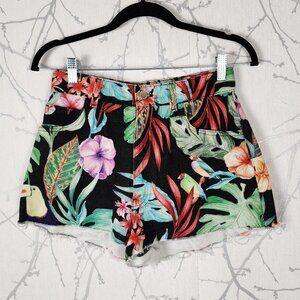 Zara Black Colorful Tropical Floral High Rise Denim Shorts